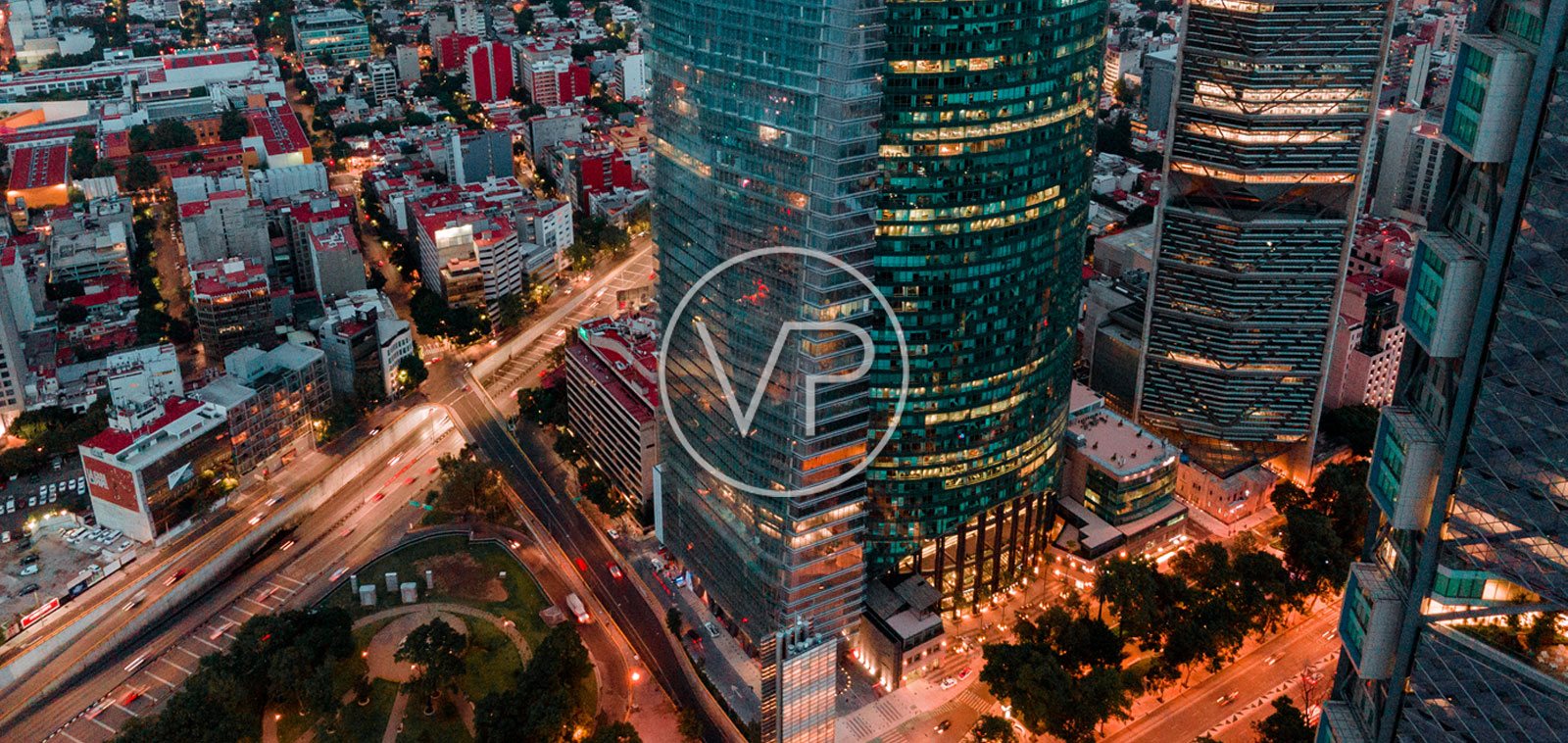 The Ritz-Carlton Residences, Mexico City tower on Paseo de la Reforma 509 at night, aerial view